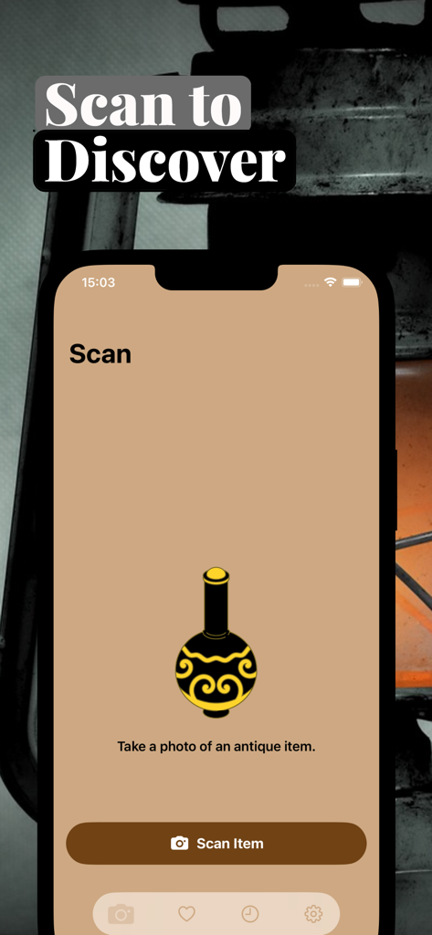 Antique Identifier: AI Scan - Pantalla de escaneo de la aplicación Identificador de Antigüedades que muestra un botón para tomar una foto de un artículo antiguo y descubrir su historia y valor.