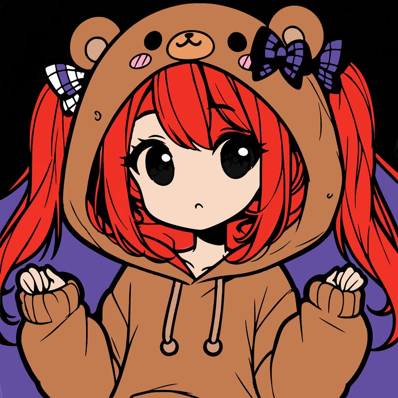 cute anime girl with ponytails and a cute bear hoodie