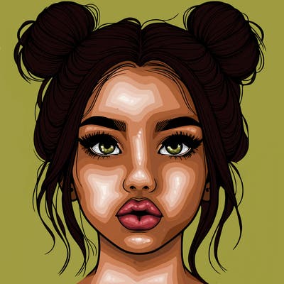 realistic girl with two buns on her hair and lips