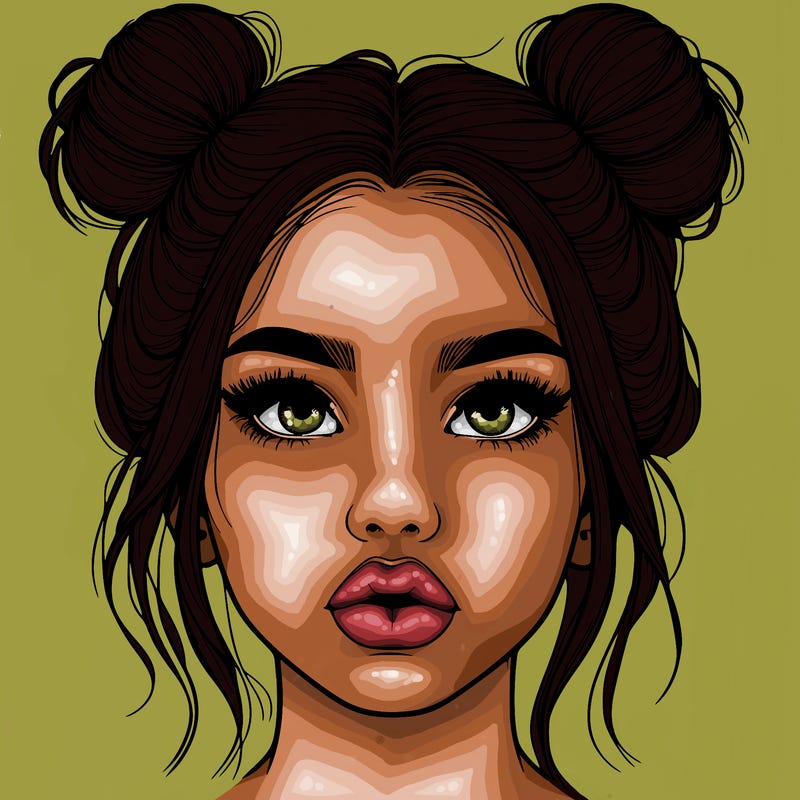 realistic girl with two buns on her hair and lips