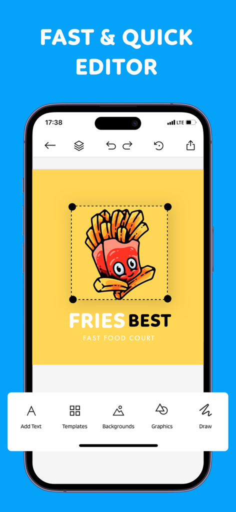 Logo Maker : Flyer Maker - Mobile interface of the Logo Maker app showing a fast food logo design with a cartoon french fries character