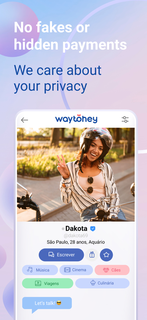 WayToHey: Foreign Dating - WayToHey app screenshot showing a verified profile of a woman from Sao Paulo with a header about privacy and no fake profiles.
