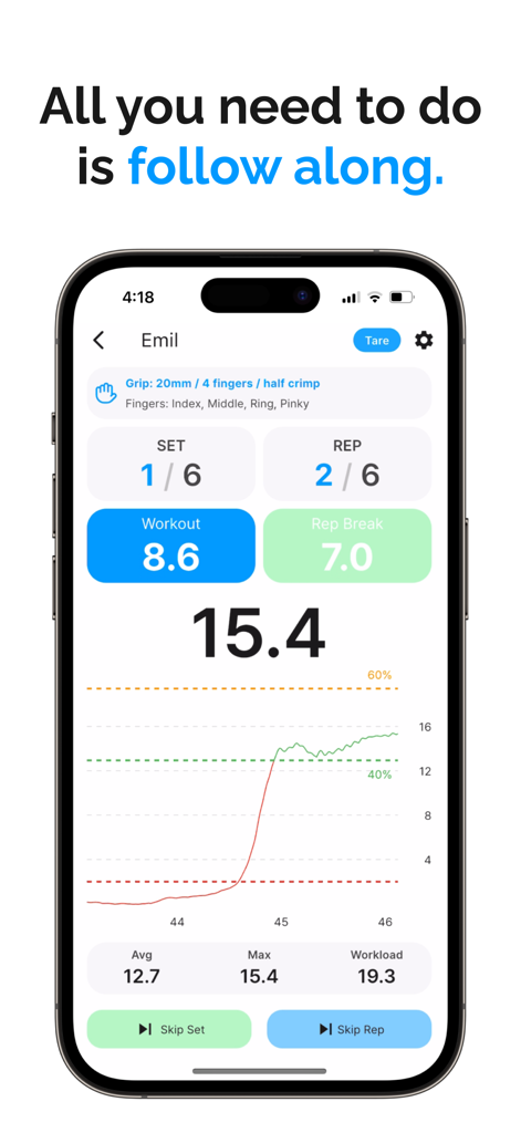 Ein Smartphone, das die Workout-Oberfläche der Frez-App mit einem Echtzeit-Kraftverfolgungsdiagramm und Trainingsdaten anzeigt.