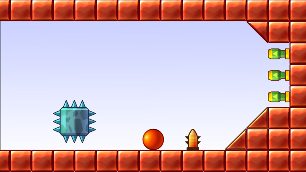 Uma bola vermelha em uma plataforma de tijolos evitando espinhos no jogo Bounce Original Back