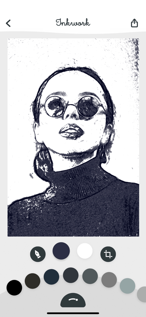 Inkwork - Inkwork mobile app screen showing a portrait photo converted into a dark ink drawing with editing tools and color swatches.