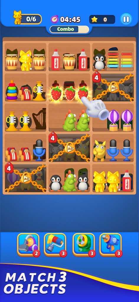 Triple Goods- Match 3D Game - Triple Goods Match 3D game screenshot showing toys and items being organized on a wooden shelf