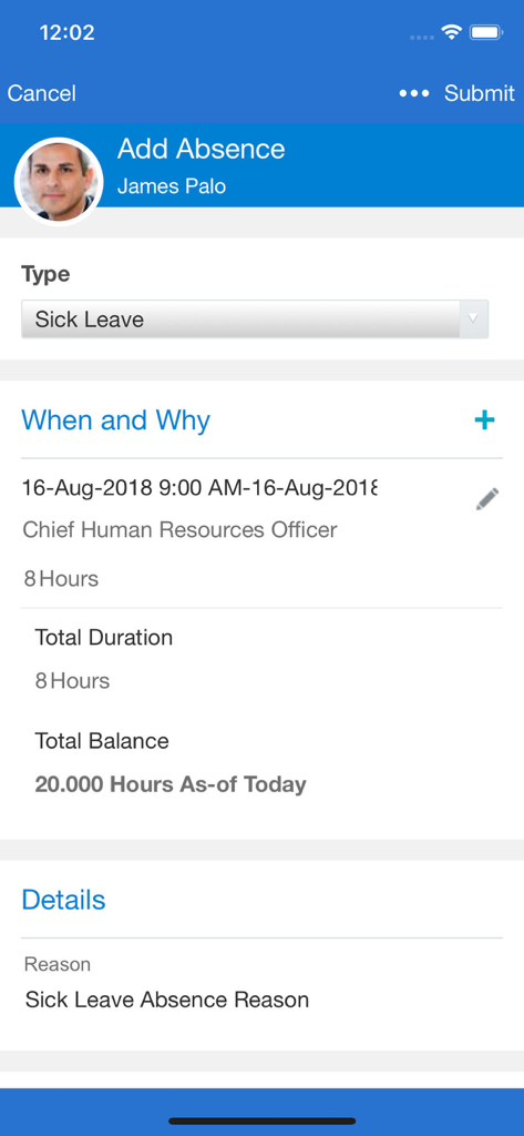 Oracle Fusion Applications mobile screen to request sick leave