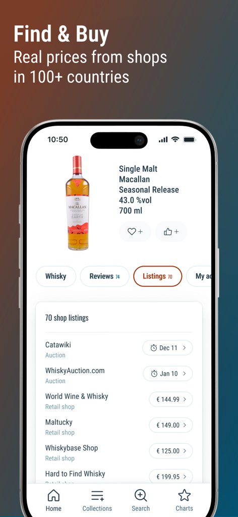 Whiskybase: Everything Whisky - Interfaz de la aplicación Whiskybase mostrando listados de precios del mundo real de varias tiendas para una botella de whisky Macallan