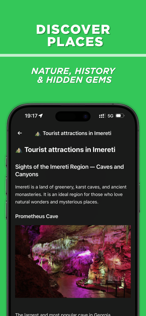 GeoMate: Georgia Travel Guide - GeoMate app screen showing tourist attractions in the Imereti region of Georgia