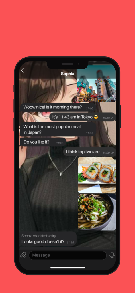 Girlfriend AI Simulator Lolly - Mobile app screen showing a chat with an AI girlfriend named Sophia featuring anime visuals and food images