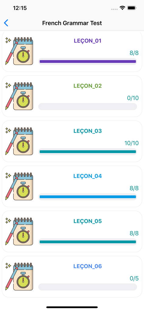 French Grammar Test - French Grammar Test app dashboard showing lesson progress and scores.