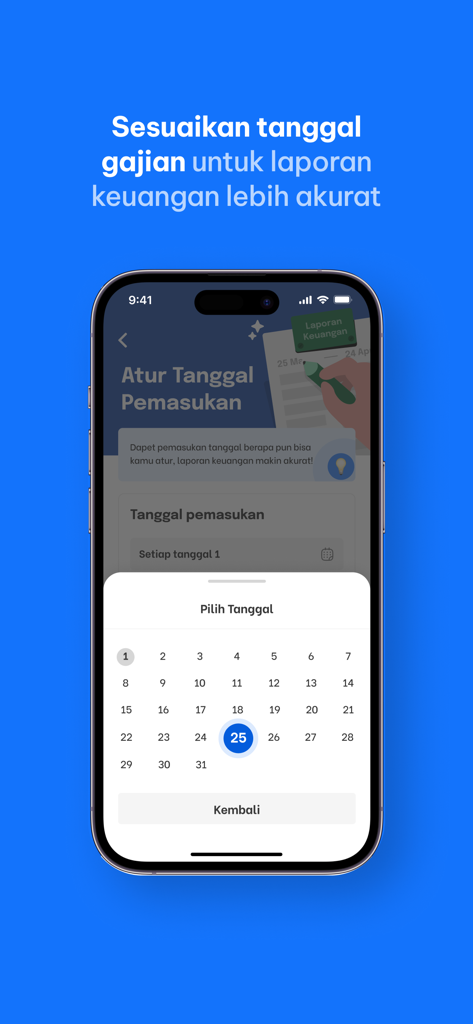 Finku: Budget & Money Manager - A mobile screen showing the Finku app interface to select a payday date on a calendar for accurate financial reports.