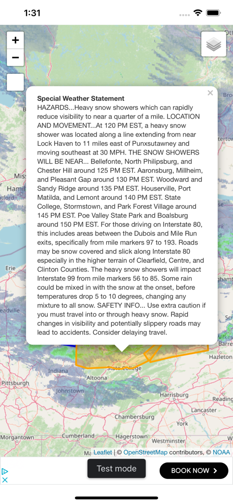 NWS special weather statement for heavy snow on a radar map