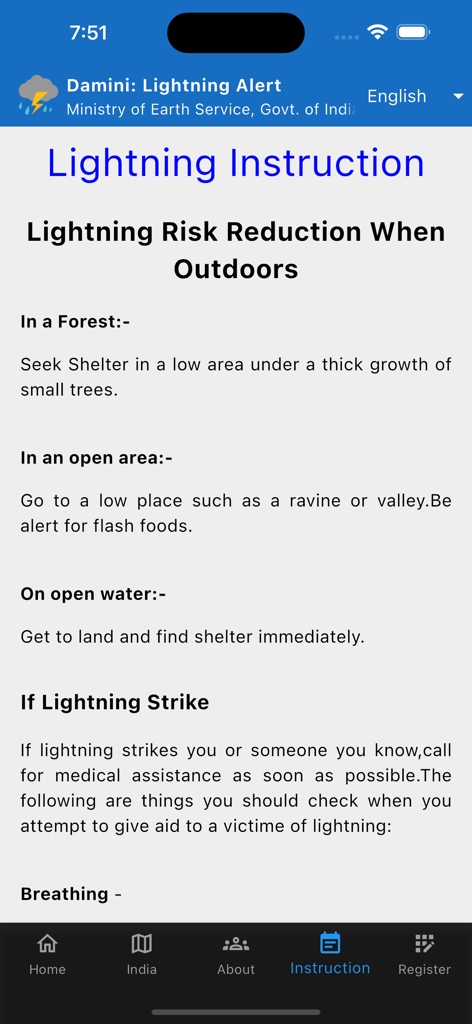 Damini : Lightning Alert - Instructions de sécurité en cas de foudre et conseils de réduction des risques pour les environnements extérieurs dans l'application Damini.