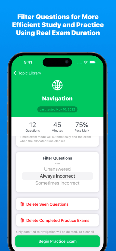PPL試験対策アプリのインターフェースに、航法トピックの学習フィルターと模擬試験の設定が表示されています。