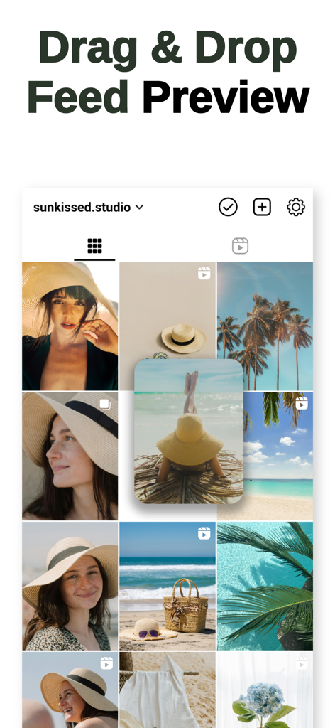 Interface de l'application InPlan montrant la fonction glisser-déposer pour organiser une prévisualisation de fil Instagram avec des photos de voyage esthétiques.