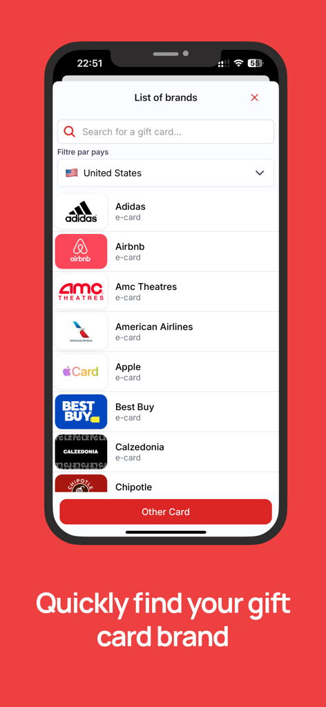 Gift Card Manager - Smartphone screen showing the Gift Card Manager app with a list of major US brands like Apple and Adidas to organize digital gift cards