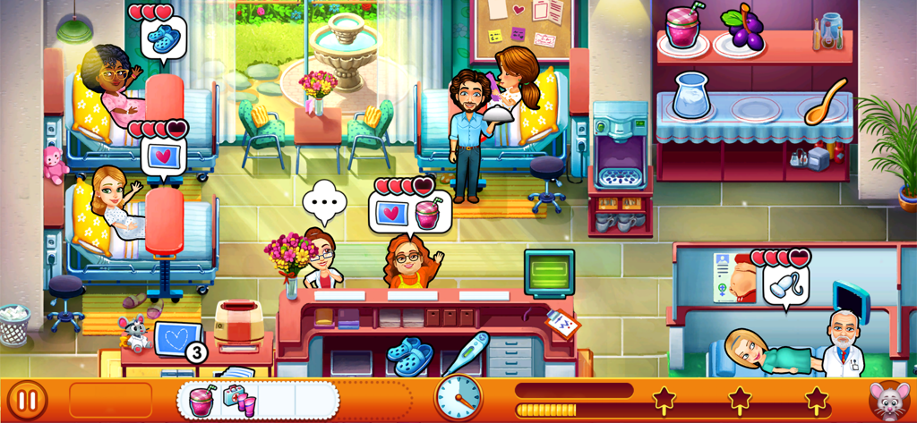 Gameplay-Szene aus Delicious Miracle of Life, die Emily in einer Geburtsklinik zeigt, wie sie Patienten und medizinische Versorgung verwaltet