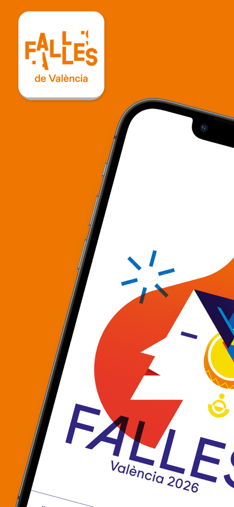 Ofrenda 2026 - ファジェス・デ・バレンシアのロゴとファジェラのアートワークが描かれたオフェルンダ2026アプリのスプラッシュスクリーン。