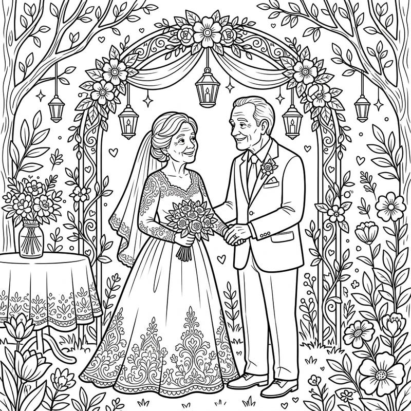 Celebrate the beauty of enduring love with this touching coloring page featuring an elderly couple exchanging vows in a serene garden. It's a wonderful way to relax and reflect on timeless commitment.