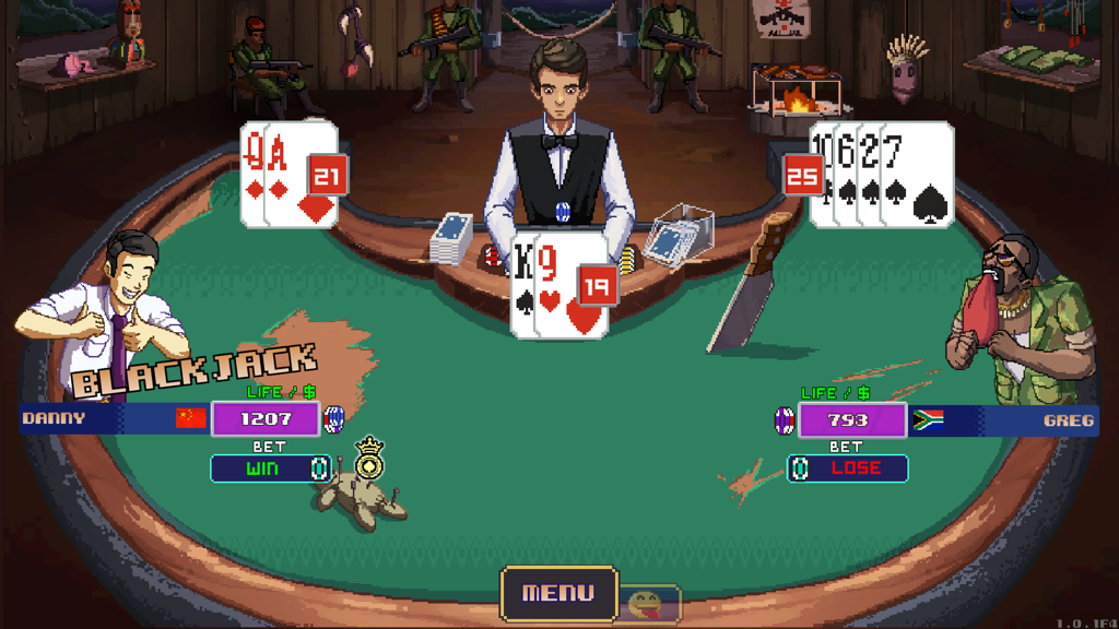 Gameplay di blackjack in pixel art con battaglie tra personaggi e interfaccia utente arcade retrò.
