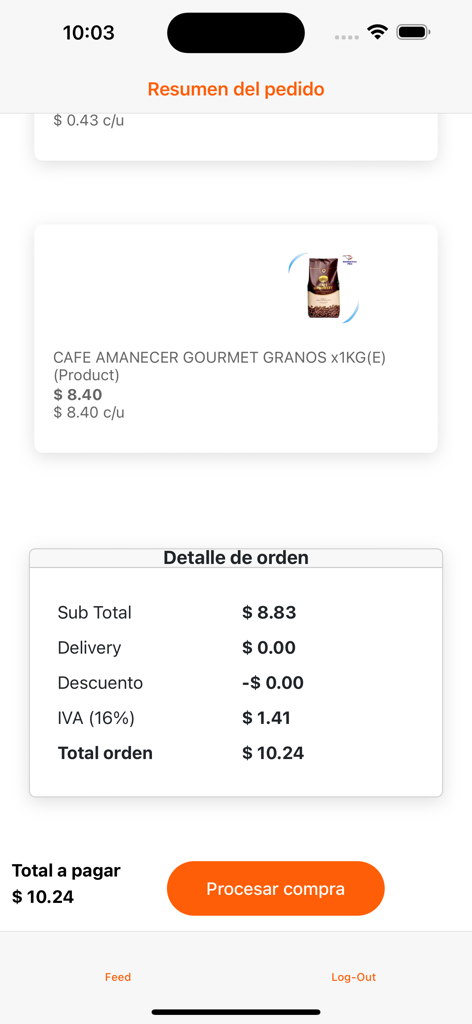 Tour - Schermata di riepilogo dell'ordine nell'app Tour che mostra un subtotale delle tasse dei prodotti e un pulsante per elaborare l'acquisto