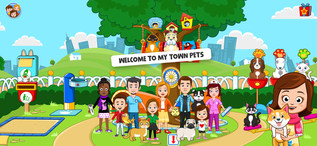 Characters and pets gathered in a vibrant park setting in My Town Pets.
