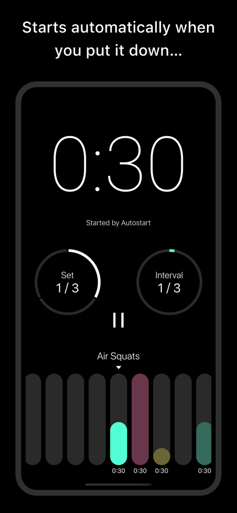 Pacer Fitness - Interval Timer - Captura de tela do aplicativo Pacer Fitness mostrando um timer de intervalos ativo de 30 segundos para agachamentos com o recurso de autostart ativado