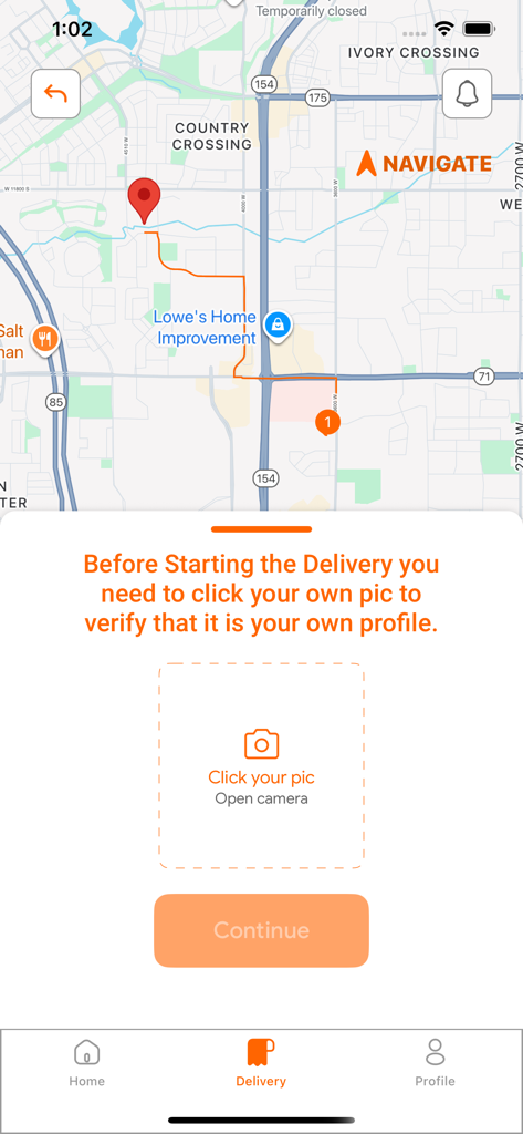 Bytech Systems Services - Map navigation screen with a pop-up requiring profile photo verification before starting a delivery