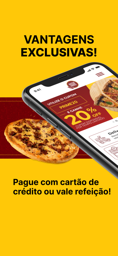 Interfaz de la app Pizza Prime mostrando un cupón de descuento del 20 por ciento y opciones de pago sobre un fondo amarillo.