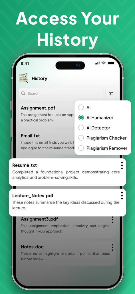 Humanizer - Humanize AI Text - Humanizerアプリの履歴画面。課題や履歴書などの処理済みドキュメントのリストが、AI Humanizerおよび検出結果のフィルターメニューとともに表示されています。