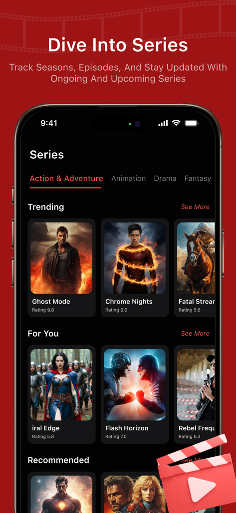 NetMirror : Find Movies & Show - A smartphone display showing the NetMirror app series page with trending and recommended TV shows organized by genre.