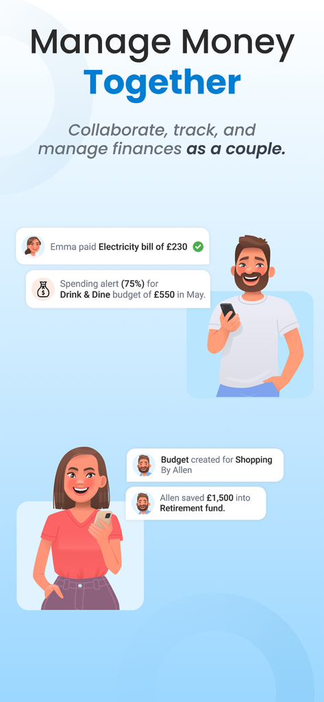 Pareja colaborando en las finanzas y presupuestos del hogar utilizando la aplicación TimelyBills