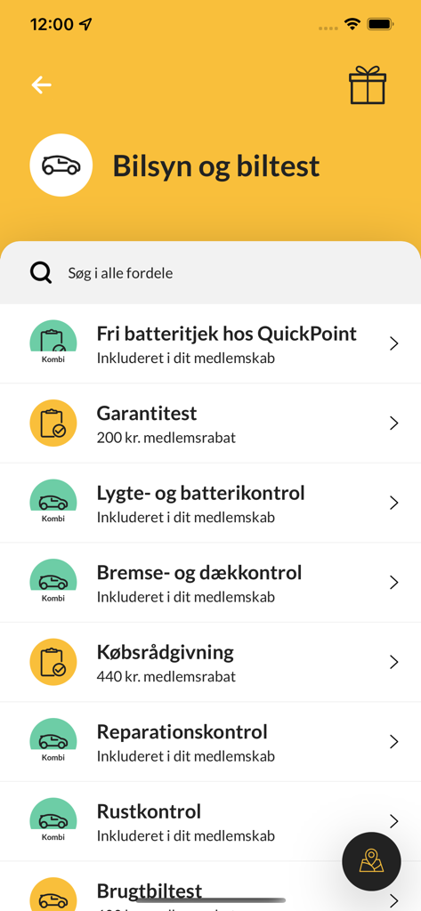 Mit FDM app interface showing a list of car inspection and testing benefits for members.
