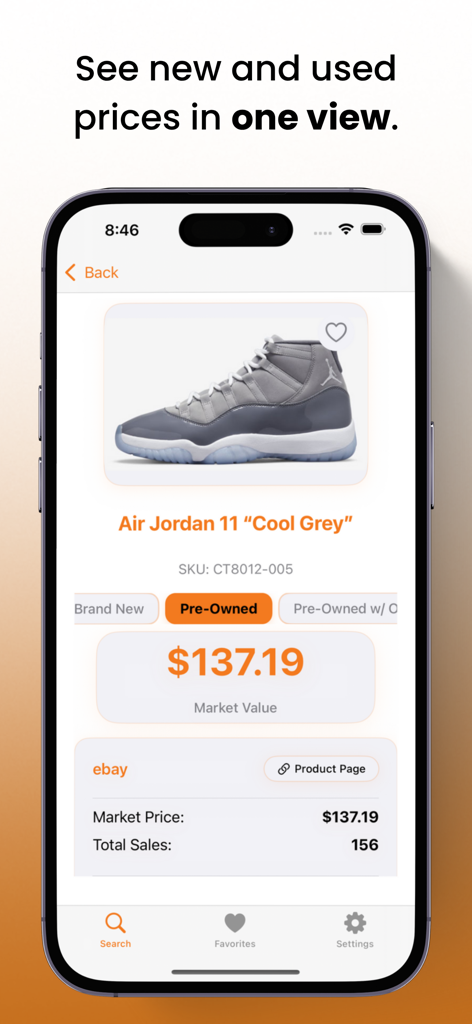 Deal Reaper - 딜 리퍼 앱 인터페이스가 이베이에서 에어 조던 11 쿨 그레이 스니커즈의 시장 가치 및 리셀 가격을 보여줍니다.