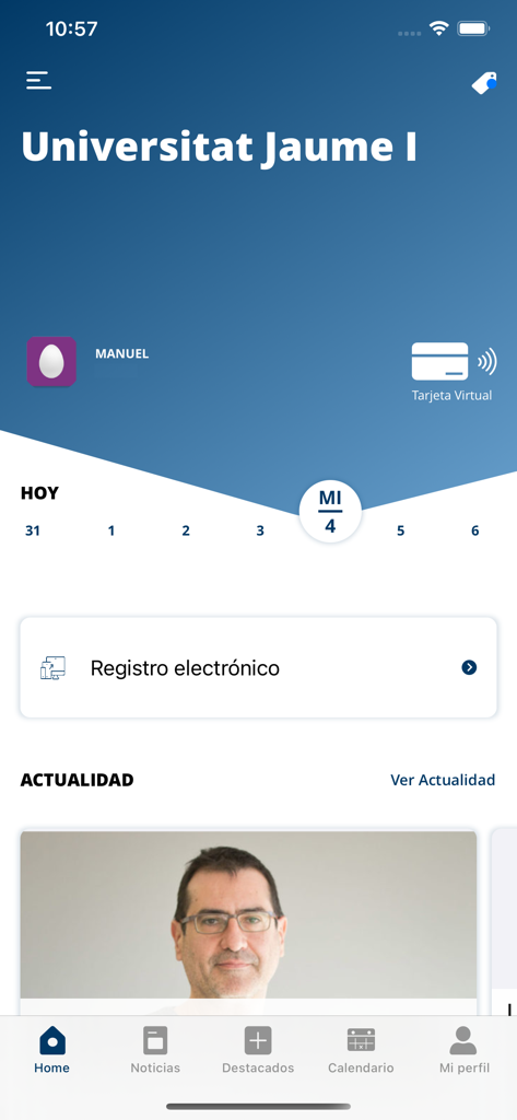 Painel inicial do aplicativo oficial da Universitat Jaume I para estudantes