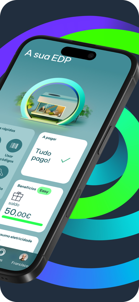 Smartphone che visualizza l'interfaccia dell'app EDP per la gestione energetica e la fatturazione