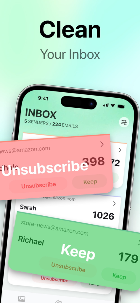 SwipeClean: Storage Cleanup - SwipeClean-App-Oberfläche zur Bereinigung von E-Mail-Posteingängen mit Wischen zum Abbestellen oder Beibehalten