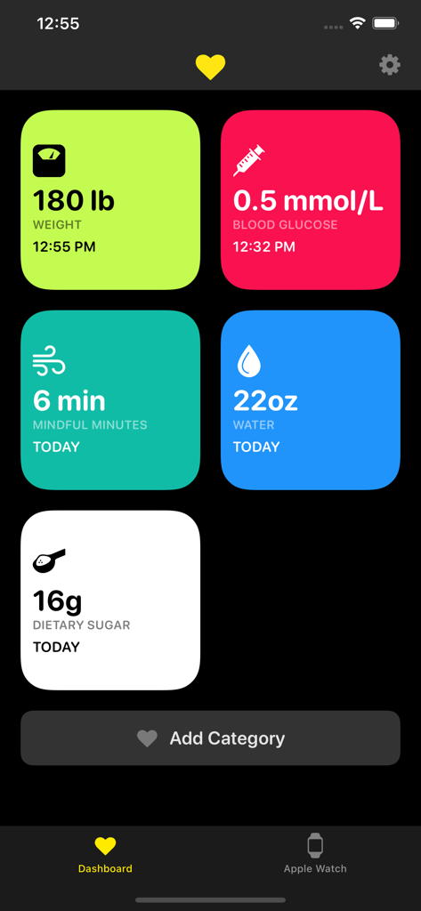 HealthFace - HealthFace mobile app dashboard displaying colorful tiles for tracking health metrics like weight and blood glucose