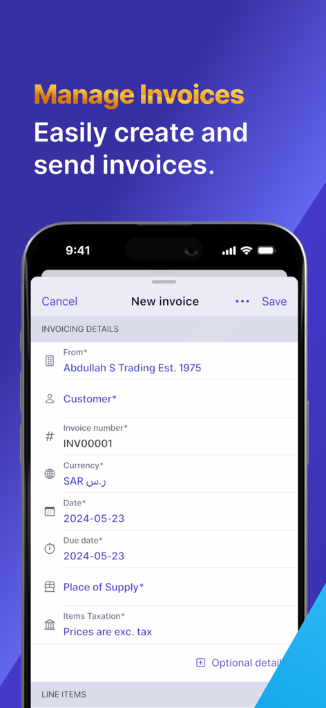 Wafeq Accounting & e-invoicing - Mobile interface of Wafeq Accounting app showing the creation of a new business invoice with multi-currency support for SAR