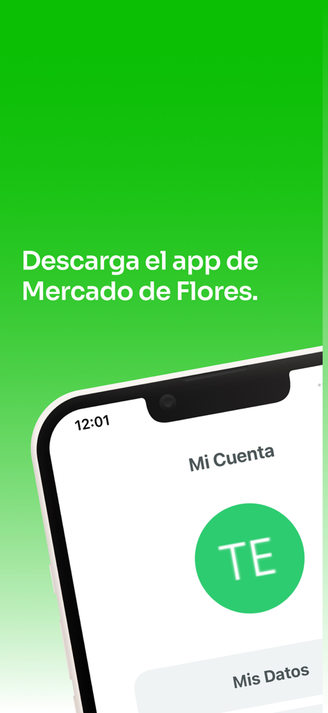 Promotion to download the Mercado de Flores app featuring the user profile screen