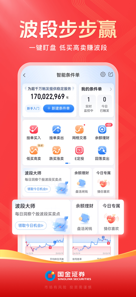 国金佣金宝-股票开户 炒股理财 - Interface de l'application mobile Guojin Yongjinbao dotée d'outils de trading d'actions intelligents et d'ordres conditionnels.