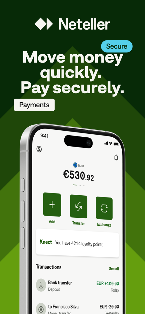 Tableau de bord de l'application mobile Neteller montrant le solde du compte et les options de paiement sécurisées