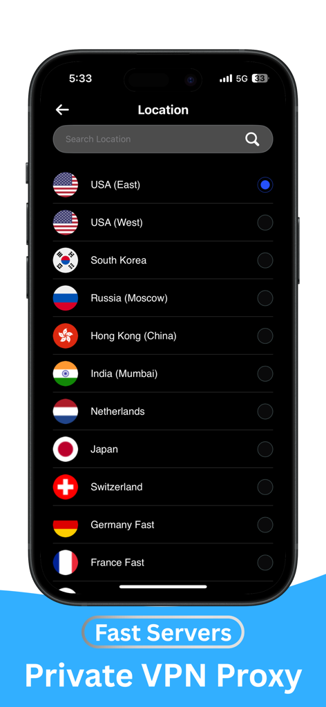 VPN Pro app interface showing a list of available global server locations for secure browsing