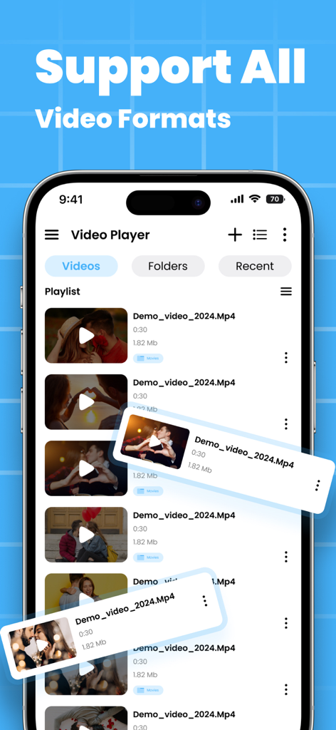 Interfaz de la aplicación MA Player que muestra una lista de reproducción de videos con un título que admite todos los formatos de video.