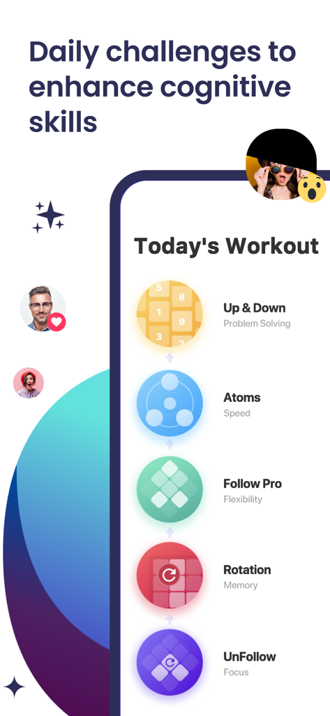 BrainFox - Brain Training - A list of daily brain training challenges in the BrainFox app targeting memory focus and problem solving