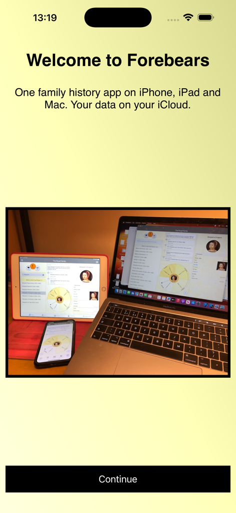 Forebears App-Startbildschirm, der Baumdaten über iPhone, iPad und MacBook anzeigt