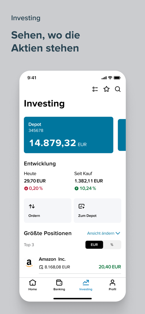 Consorsbank - Écran d'investissement de l'application Consorsbank affichant le solde du portefeuille et les principales positions boursières
