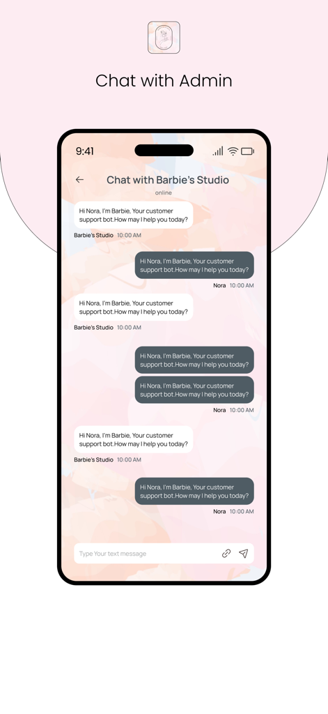 Barbie's Studio - A smartphone showing a chat interface with a customer support bot for Barbie's Studio nail salon.