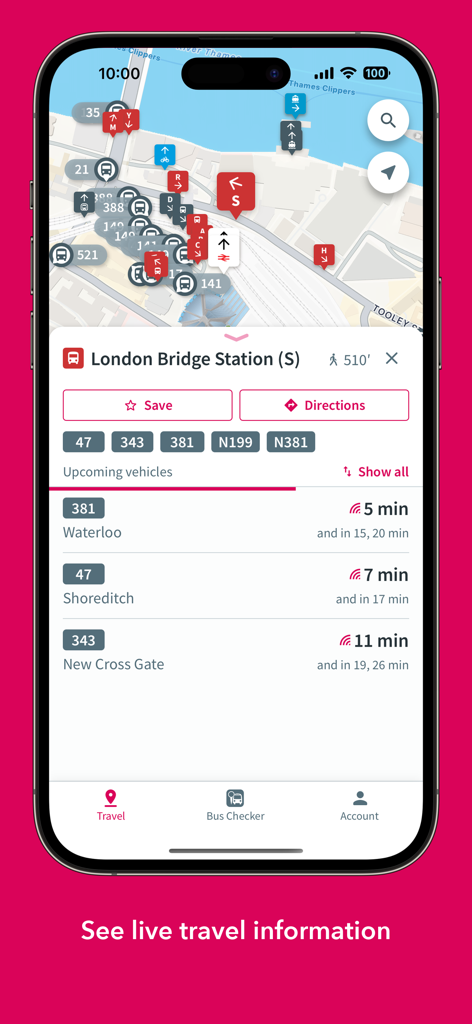 London Bus Checker - London Bus Checker app interface showing live bus times and transit map